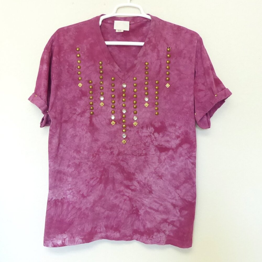 1980s Vintage magenta brass studded southwestern boho women's t shirt size XXL